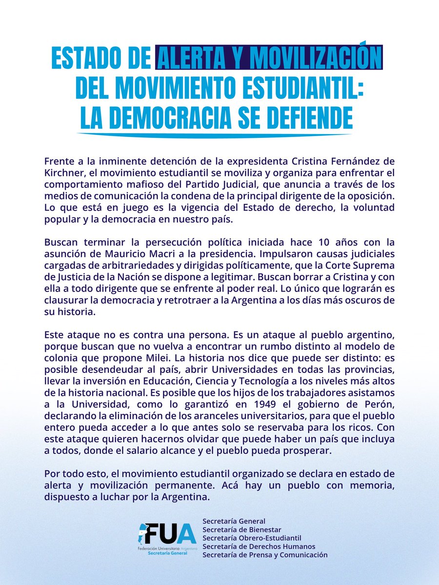 lacampora_univ's tweet image. ‼️ • ESTADO DE ALERTA Y MOVILIZACIÓN DEL MOVIMIENTO ESTUDIANTIL:
LA DEMOCRACIA SE DEFIENDE
Acá hay un pueblo con memoria, dispuesto a luchar por la Argentina 🇦🇷