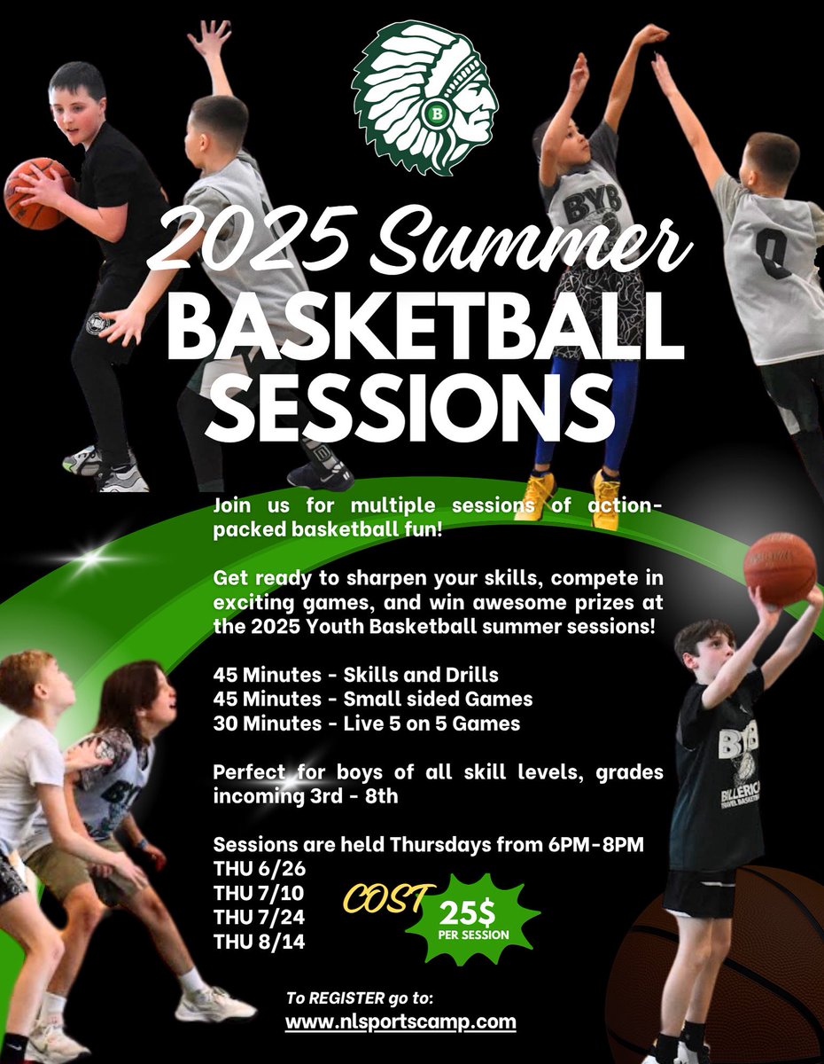 Join our BMHS Boys Basketball team for our Summertime Hoops sessions. Boys Grades 3-8th. 25$ per session! TRIBE 💪🏀🟢⚪️