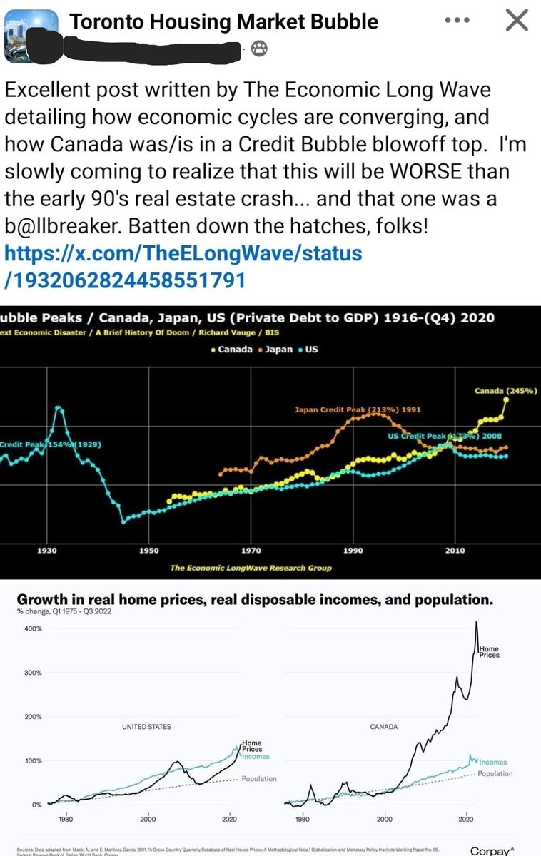 Shazi (@shazigoalie) on Twitter photo Toronto Housing Market Bubble FB group:
🇨🇦 Credit Bubble makes 2008 look like a warm-up.
Private debt is now 245% of GDP — far beyond Japan's 1991 crash or 🇺🇸 2008 collapse.
We aren’t heading for a soft landing.
We’re in freefall.
No one’s wearing a parachute.
<a href="/TheELongWave/">The Economic LongWave</a> Toronto Housing Market Bubble FB group:
🇨🇦 Credit Bubble makes 2008 look like a warm-up.
Private debt is now 245% of GDP — far beyond Japan's 1991 crash or 🇺🇸 2008 collapse.
We aren’t heading for a soft landing.
We’re in freefall.
No one’s wearing a parachute.
<a href="/TheELongWave/">The Economic LongWave</a>