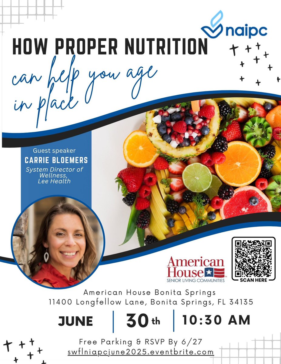 FeliciaLlc's tweet photo. SWFL National Aging In Place Council’s inaugural event: Empowering Wellness Talk! Discover how proper nutrition can help you age in place with strength &amp; vitality. 🏡 Speaker: Carrie Bloemers, System Director of Wellness at Lee Health
#SeniorWellness #AgingInPlace #HealthyLiving https://t.co/OBk9bOQOgQ