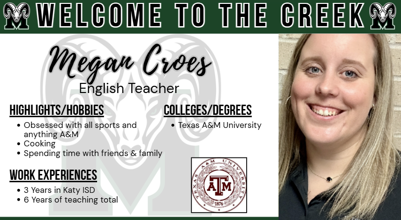 MCHSAntonelli's tweet photo. Megan Croes is a veteran ELA Teacher in Katy ISD, and is joining the Mayde Creek High School English Department for this year! We're excited to have you on board!  #RPND @MCSH_Rams @LHerring_MCHS @ChadAOnhaizer #KatyISDELA https://t.co/vtolC9Pi8p