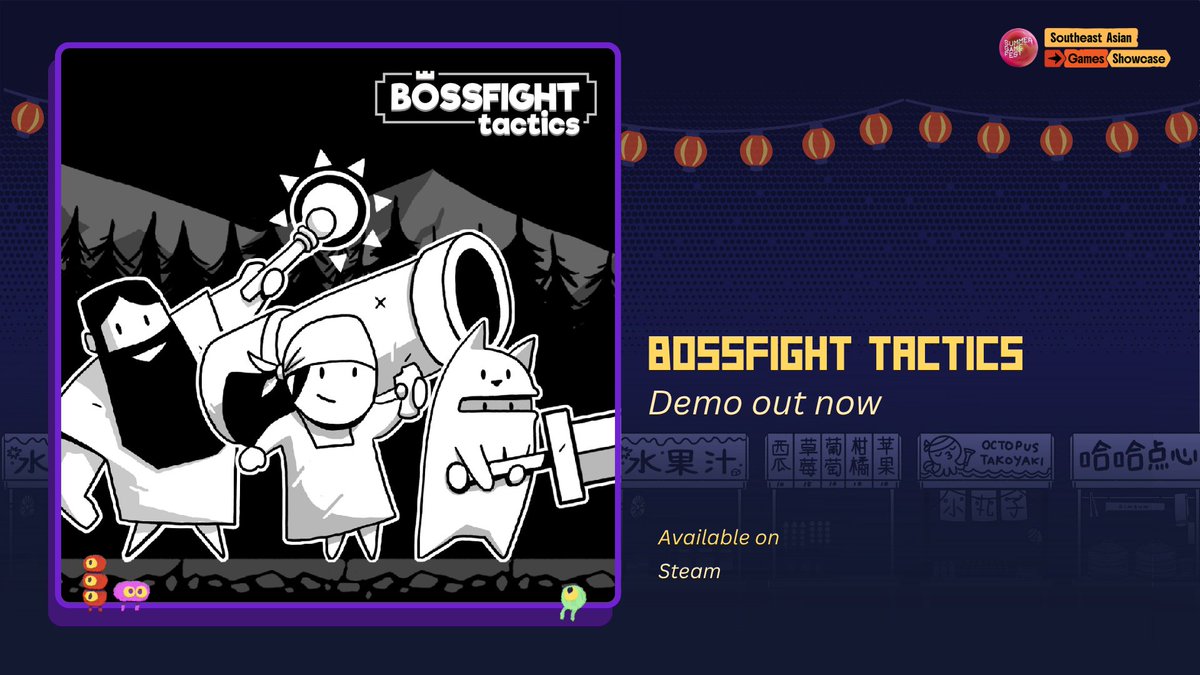 SEAGamethetic's tweet image. Bossfight Tactics demo by @iterateinteract (Singapore) is available to play on Steam!

Beat the BOSSFIGHT and your party becomes the next BOSSFIGHT! Assemble quirky item synergies and outsmart enemy intents in a series of turn-based combat