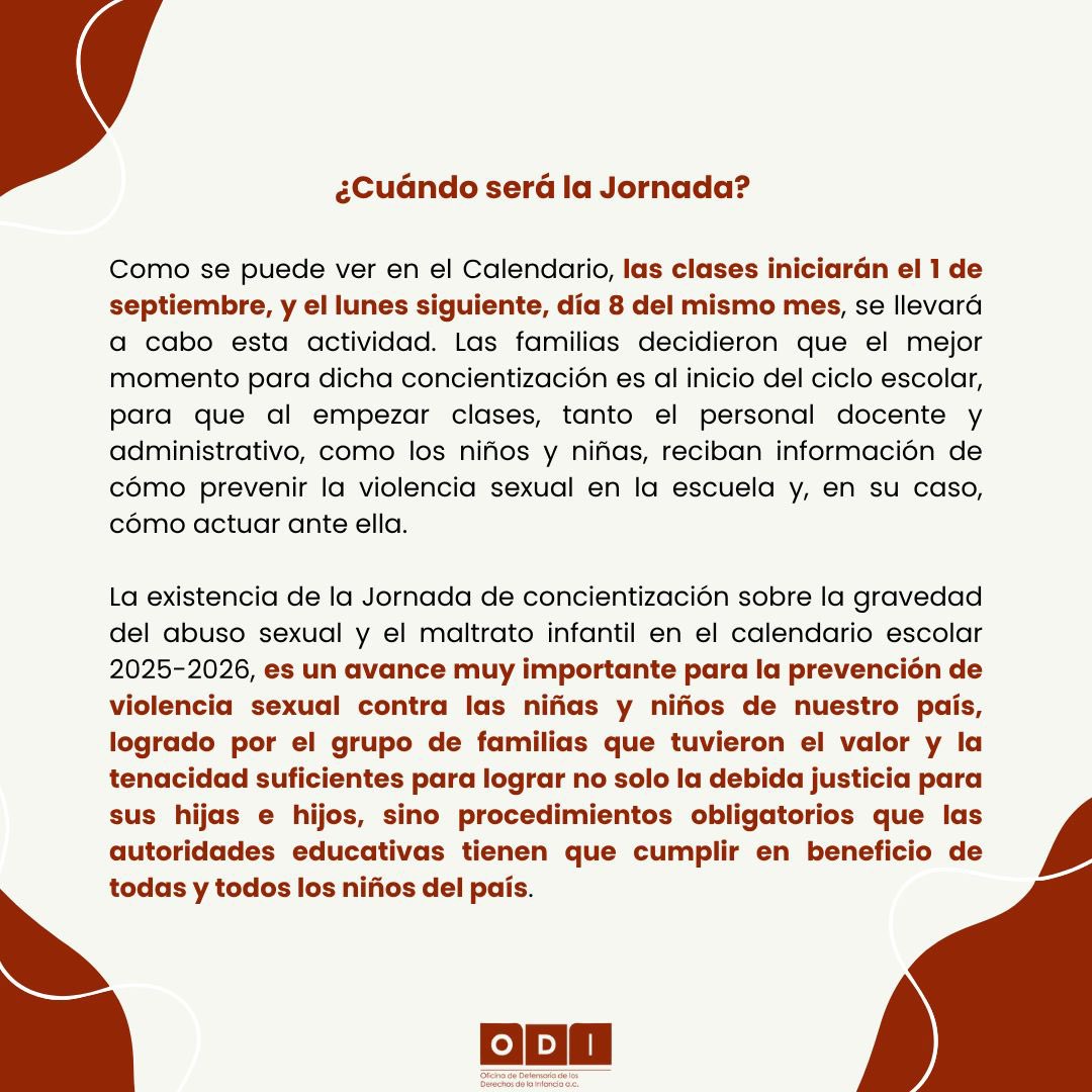 📆Por primera vez en la historia de México,  SEP implementará una Jornada de concientización sobre la gravedad del abuso sexual y el maltrato infantil. Esta acción es una medida de reparación, dictada por un Juez, por la exigencia de personas cuidadoras de niñas y niños víctimas.