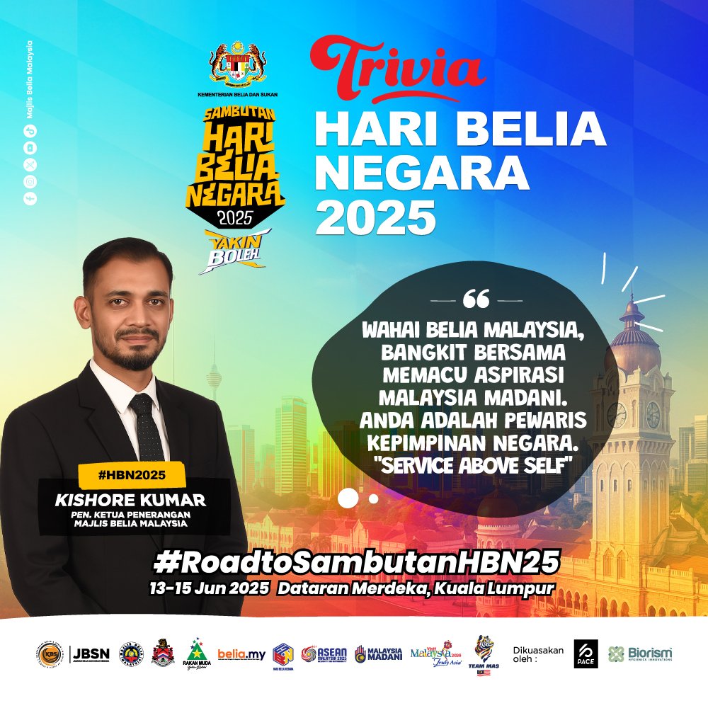 📣 #RoadtoSambutanHBN25 💥🔥 

🚨 Ada event terbesar berlaku bulan ini. Sambutan Hari Belia Negara 2025 bakal tiba tidak lama lagi! 

‼️ Lock tarikh ini :
📆 13-15 Jun 2025
📍 Dataran Merdeka, Kuala Lumpur
 
🇲🇾 Belia Malaysia, masa kita dah sampai! Jom turun ramai2 &amp; gegarkan