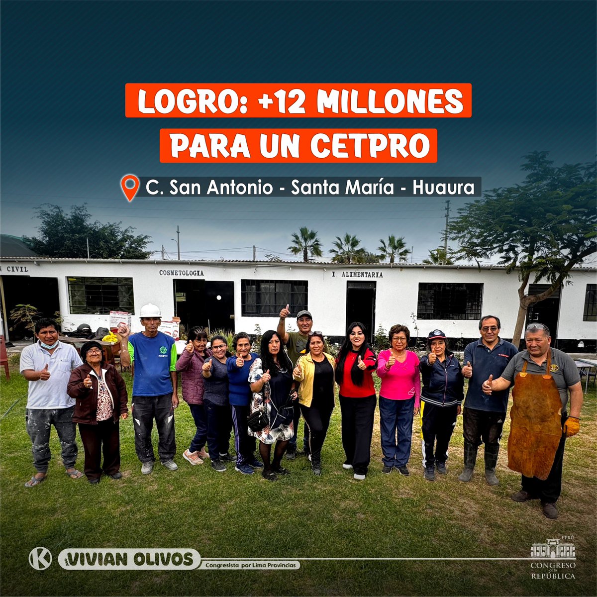 VivianOlivos's tweet photo. ✅ Logramos que al #CETPRO San Antonio de Padua del distrito de Santa María en la Provincia de #Huaura, se le asigne más de 12 millones
#ConLaPoblación #LimaProvincias #VivianOlivos #RegiónLima #NorteChico #Resultados #HuachoPerú #EducaciónTécnica #HuauraPerú #HuachoHuaura https://t.co/8i2jzprQAr