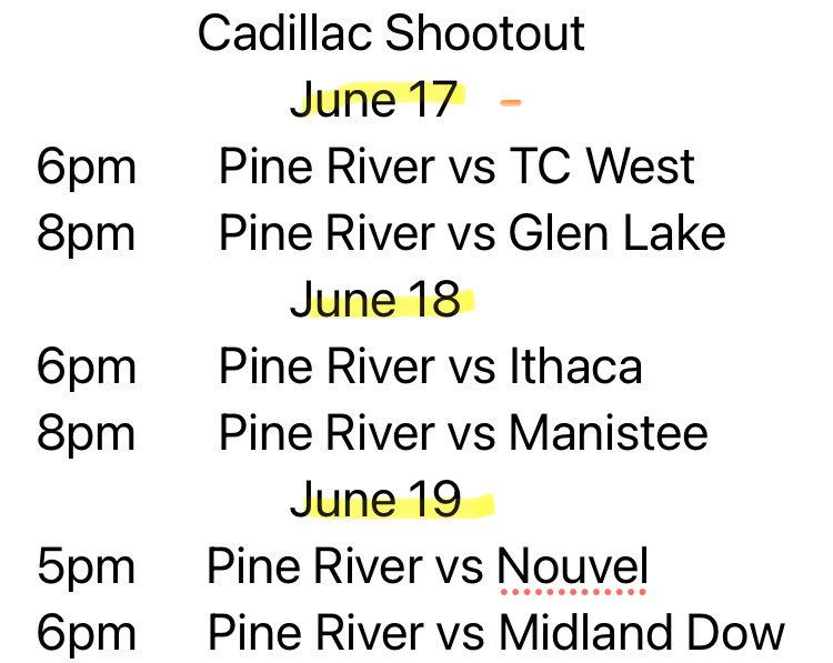Pine River Team Camp schedule for 
“Cadillac Shoot-Out”
at Cadillac High School