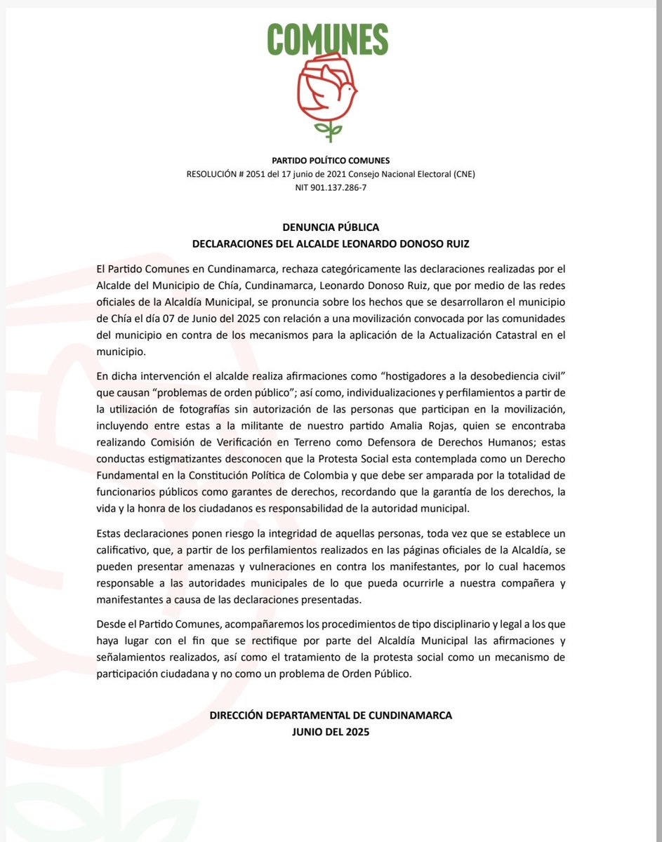 🚨 Denunciamos al alcalde de Chía, Leonardo Donoso por estigmatizar la protesta social y exponer a manifestantes, incluyendo a nuestra compañera.

❌ ¡La protesta no es delito!
📸 ¡No más perfilamientos!

⚠️ Hacemos responsable a la Alcaldía por cualquier afectación.

#Chía