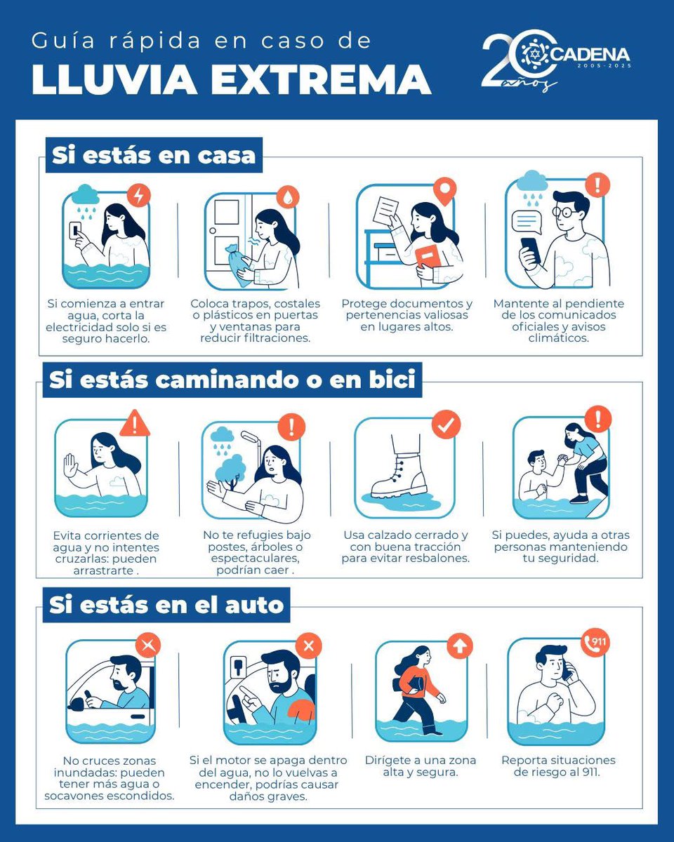 El 2 de junio, la #CDMX sufrió lluvias extremas que evidencian el impacto del cambio climático. 
En CADENA, creemos que prevenir es ayudar. Descarga y comparte nuestra guía con acciones clave para casa, coche y vía pública.

#Prevención #Lluvias #CADENA