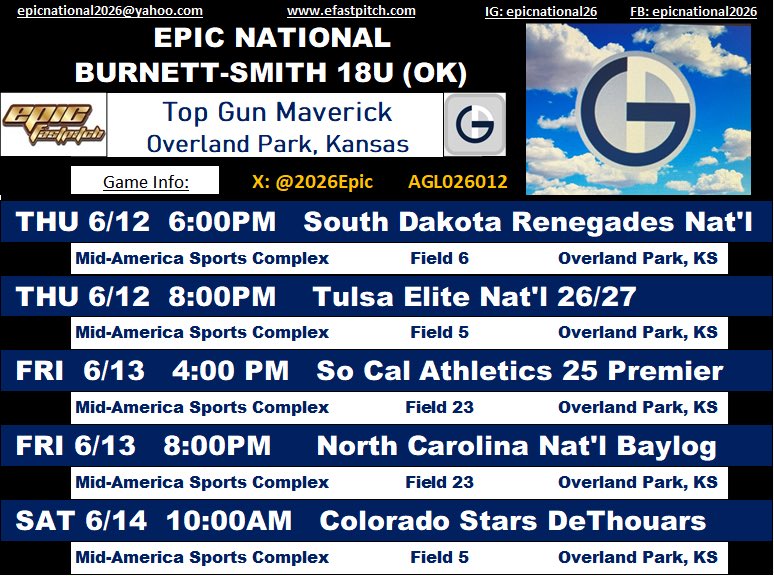 Epic National 18U (Burnett /Smith) (@2026epic) on Twitter photo Final 4 Finish <a href="/TulsaElite/">Tulsa Elite Sports</a> Invite.
<a href="/TopGunEvents/">Top Gun Events</a>
Next 🥎🛑KC Top Gun Maverick
<a href="/Sports_Recruits/">SportsRecruits</a> Profile ⬇️
sportsrecruits.com/organization/e…
<a href="/N_W_Sports/">Nation Wide Sports!</a> <a href="/DirectRecruits/">Direct Recruits</a> <a href="/okhsscores/">Oklahoma HS Extreme</a> <a href="/DfwSho/">DFW Sho'Case</a> <a href="/IHartFastpitch/">I❤️Fastpitch</a>
<a href="/CoastRecruitsSB/">Coast Recruits 🥎</a> <a href="/CoastRecruits/">Coast 2 Coast Recruits</a> <a href="/SBRRetweets/">Softball Recruiting Reposts</a> <a href="/UncommittedUTR/">Under The Radar 𝕏</a> Final 4 Finish <a href="/TulsaElite/">Tulsa Elite Sports</a> Invite.
<a href="/TopGunEvents/">Top Gun Events</a>
Next 🥎🛑KC Top Gun Maverick
<a href="/Sports_Recruits/">SportsRecruits</a> Profile ⬇️
sportsrecruits.com/organization/e…
<a href="/N_W_Sports/">Nation Wide Sports!</a> <a href="/DirectRecruits/">Direct Recruits</a> <a href="/okhsscores/">Oklahoma HS Extreme</a> <a href="/DfwSho/">DFW Sho'Case</a> <a href="/IHartFastpitch/">I❤️Fastpitch</a>
<a href="/CoastRecruitsSB/">Coast Recruits 🥎</a> <a href="/CoastRecruits/">Coast 2 Coast Recruits</a> <a href="/SBRRetweets/">Softball Recruiting Reposts</a> <a href="/UncommittedUTR/">Under The Radar 𝕏</a>