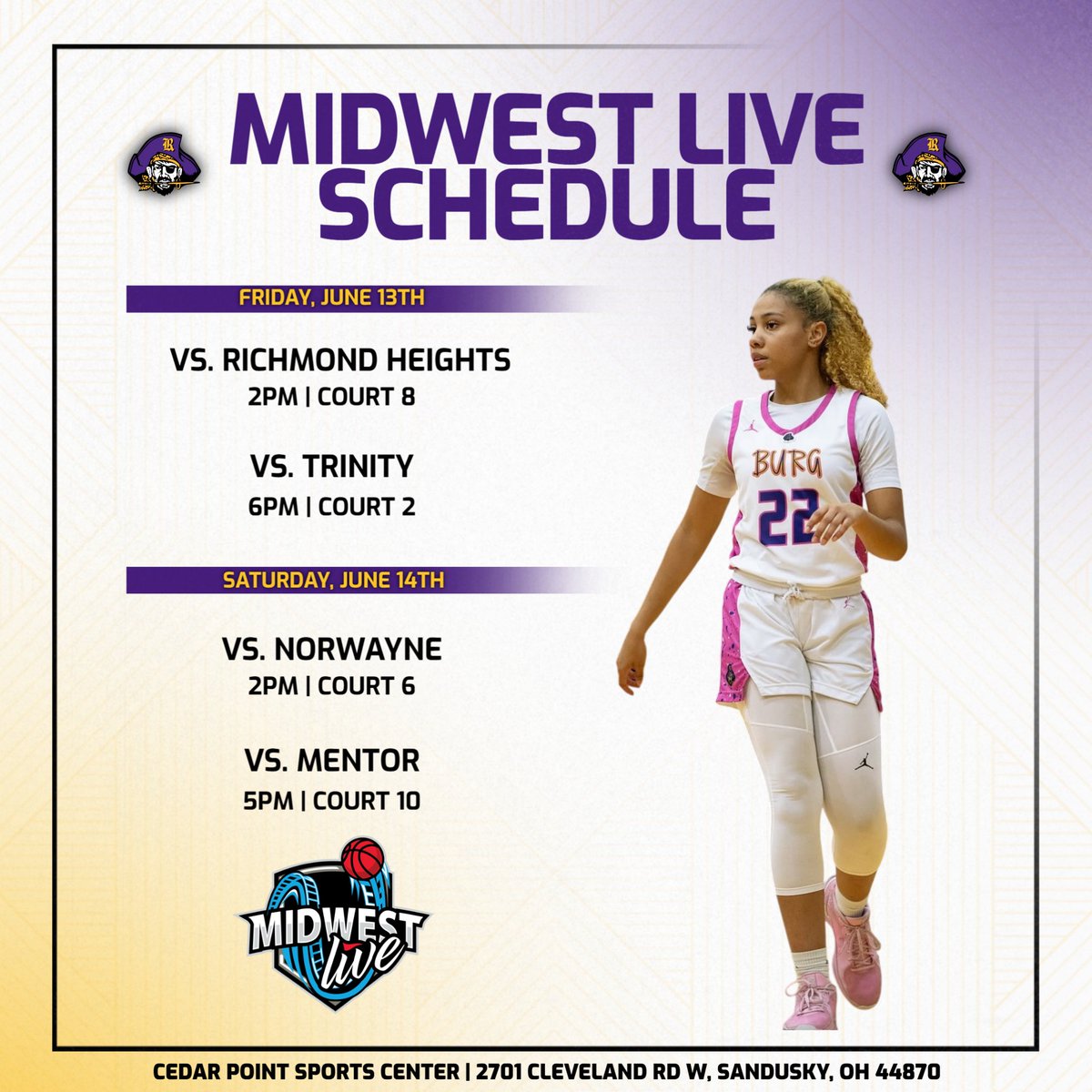 Catch the action as the Lady Raiders head to Midwest Live! 🏀
We're tipping off Friday, June 13th against Richmond Heights and Trinity, then back at it Saturday, June 14th versus Norwayne and Mentor.
#RaiderUp 🏴‍☠️ 💪🏽💜