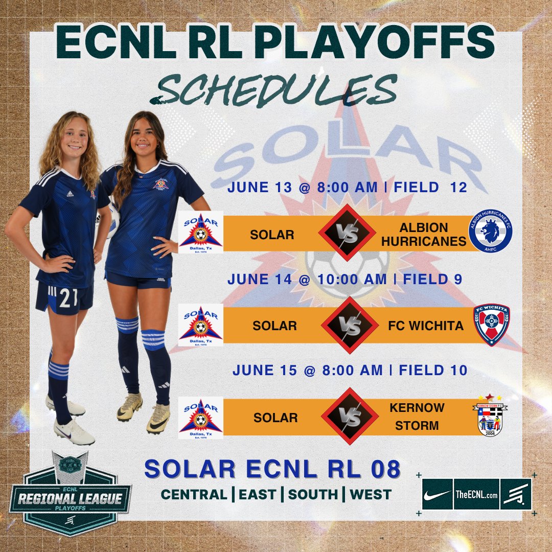 Solar 08G ECNL-RL (@08gsolar) on Twitter photo ECNL Regional League Playoffs begin this Friday at Rolling Hills in Fort Worth!
<a href="/SolarSoccerClub/">Solar Soccer Club</a> <a href="/ECNLgirls/">ECNL Girls</a> ECNL Regional League Playoffs begin this Friday at Rolling Hills in Fort Worth!
<a href="/SolarSoccerClub/">Solar Soccer Club</a> <a href="/ECNLgirls/">ECNL Girls</a>