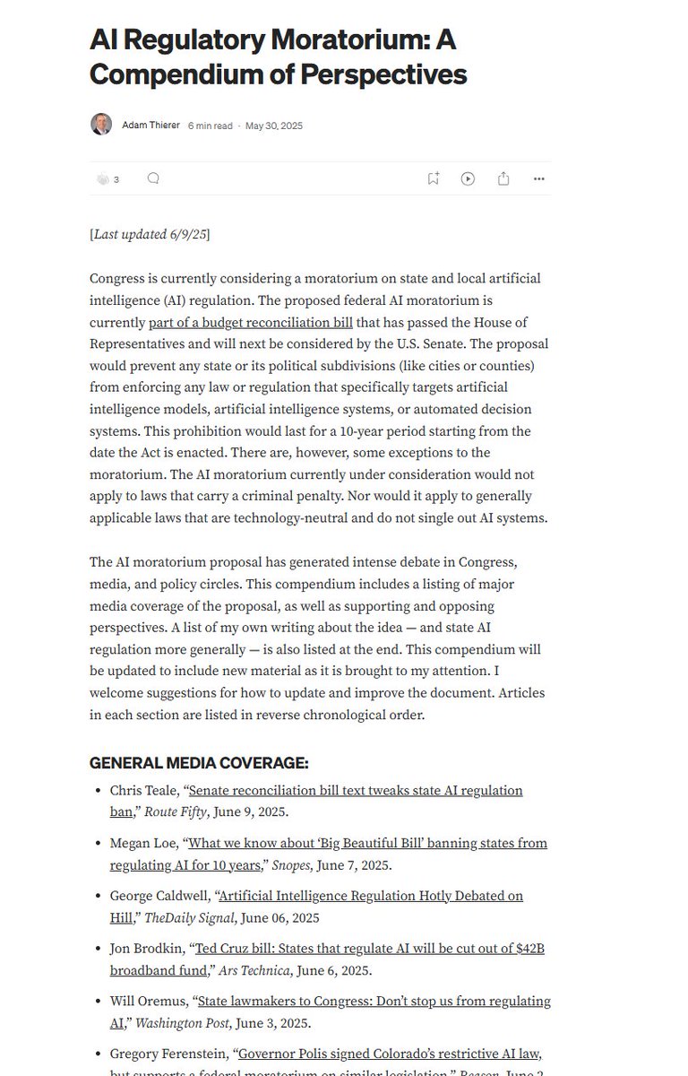 lots of new updates to my "AI Regulatory Moratorium: A Compendium of Perspectives." The proposal is one of the most important tech policy developments in years and everyone has a hot take. This is a survey of material for and against + general media coverage.  

link below.