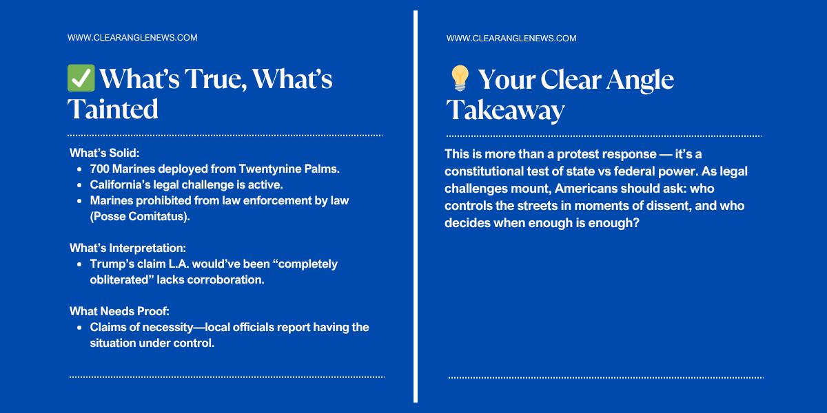clearanglenews's tweet image. Trump sends 700 Marines to L.A. amid immigration protests. California sues. Is this federal overreach—or decisive leadership? Read more: zurl.co/0o8KG #ImmigrationProtests #Marines #Trump