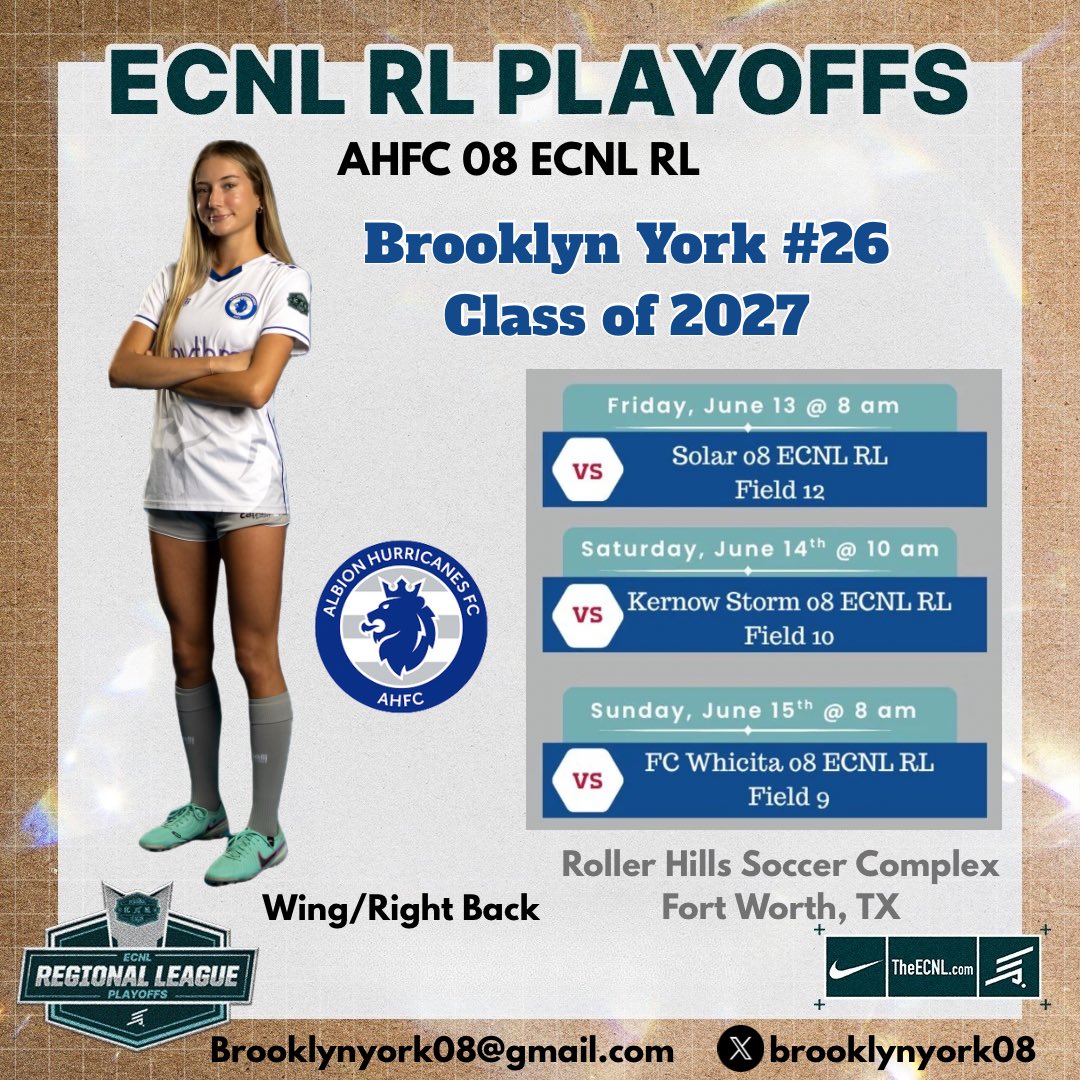 Brooklyn York (@brooklynyork08) on Twitter photo Check us out at the 2025 ECNL RL South Region Playoffs this weekend in Fort Worth, Texas!
Here are my team’s game times and field locations, we’d love your support!
#Classof2027 <a href="/CoachGusMota/">Gustavo Mota</a> <a href="/ImCollegeSoccer/">College Soccer Truth ™</a> <a href="/PrepSoccer/">Prep Soccer ⚽️</a> <a href="/ahfcsoccer/">Albion Hurricanes FC</a> <a href="/ECNLgirls/">ECNL Girls</a> <a href="/TheSoccerWire/">SoccerWire</a> <a href="/TopDrawerSoccer/">TopDrawerSoccer</a> Check us out at the 2025 ECNL RL South Region Playoffs this weekend in Fort Worth, Texas!
Here are my team’s game times and field locations, we’d love your support!
#Classof2027 <a href="/CoachGusMota/">Gustavo Mota</a> <a href="/ImCollegeSoccer/">College Soccer Truth ™</a> <a href="/PrepSoccer/">Prep Soccer ⚽️</a> <a href="/ahfcsoccer/">Albion Hurricanes FC</a> <a href="/ECNLgirls/">ECNL Girls</a> <a href="/TheSoccerWire/">SoccerWire</a> <a href="/TopDrawerSoccer/">TopDrawerSoccer</a>