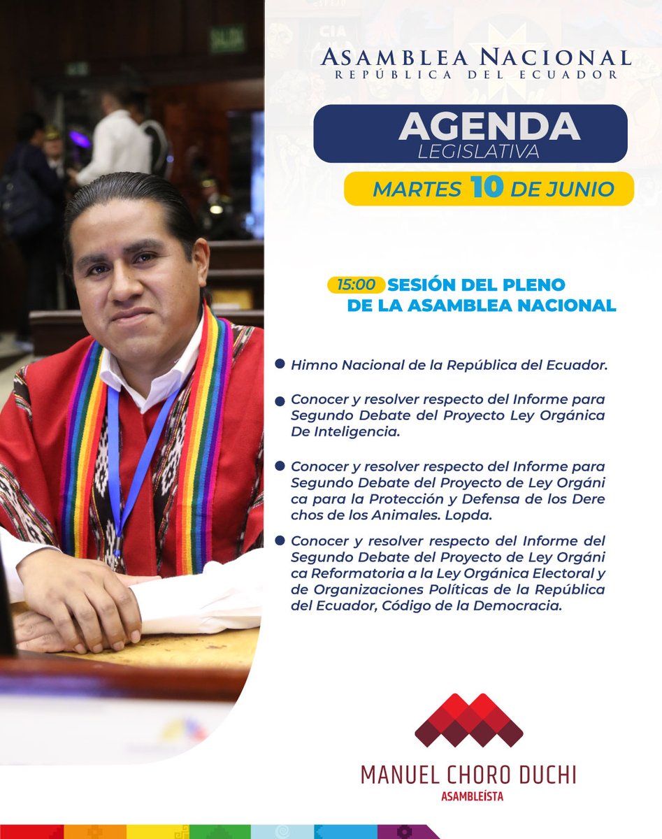 Compartimos la agenda legislativa prevista para el día de mañana.
Seguimos trabajando con responsabilidad y transparencia por nuestra gente.
#ManuelChoroDuchiAsambleísta
#AsambleaNacional
#Pachakutik
#Cañar