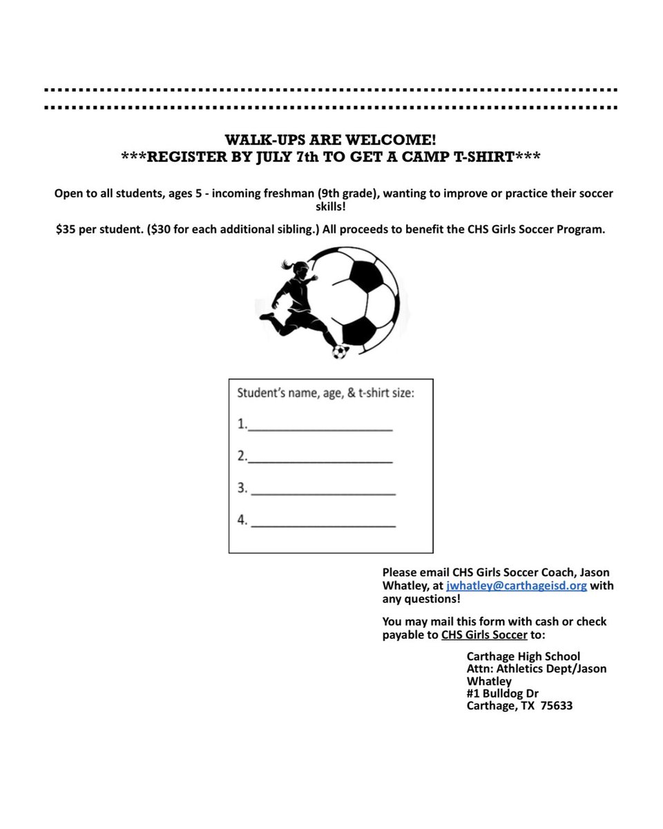 CARTHAGE BULLDAWGS SOCCER CAMP INFORMATION ⚽️