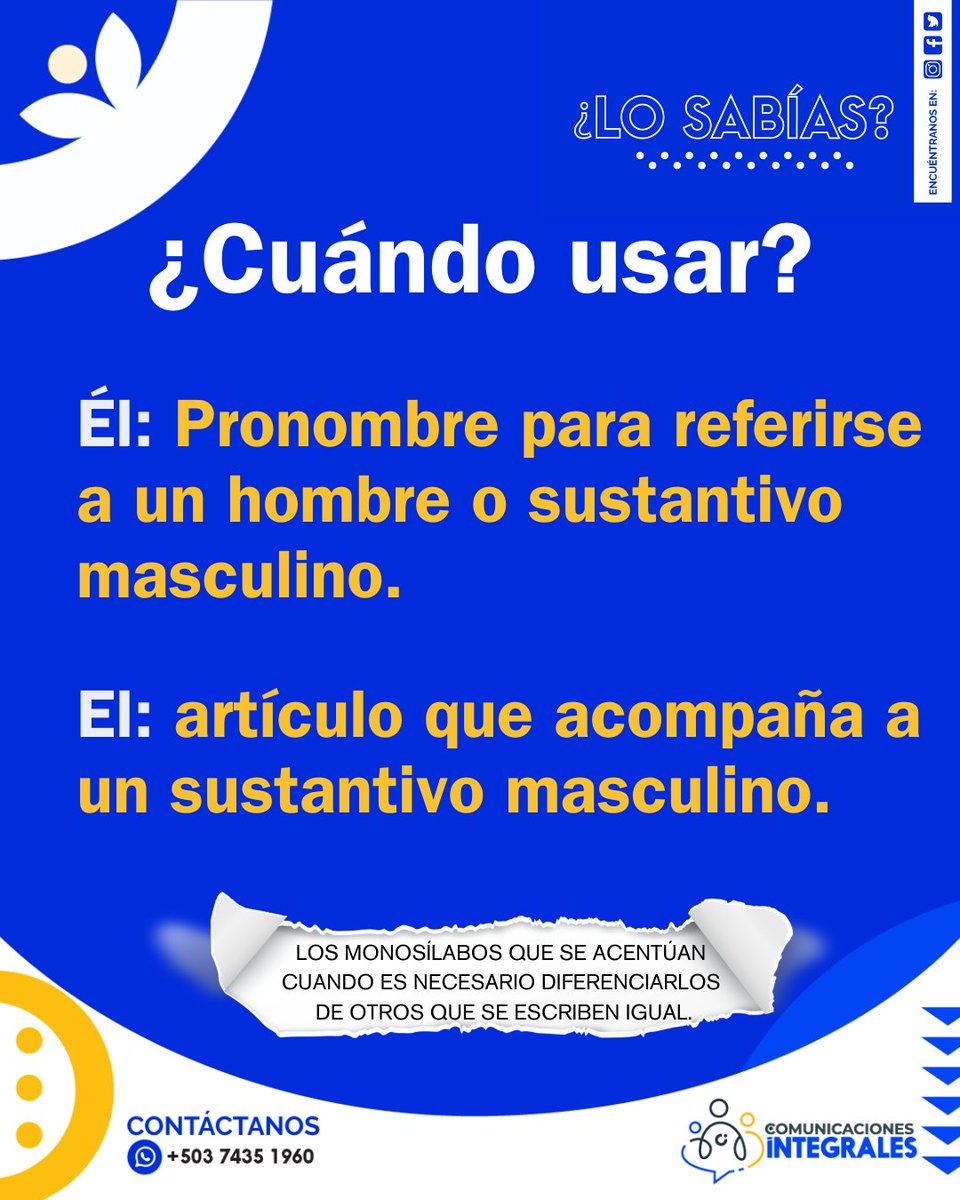 ComunicaESA's tweet photo. ¿Sabés cuándo llevan tilde los monosílabos?  Por lo general los monosílabos no se tildan, pero acá te dejamos tres excepciones 😉 Tomá nota ✍🏾📝 #LunesDeOrtografía https://t.co/nsPzabv0vP