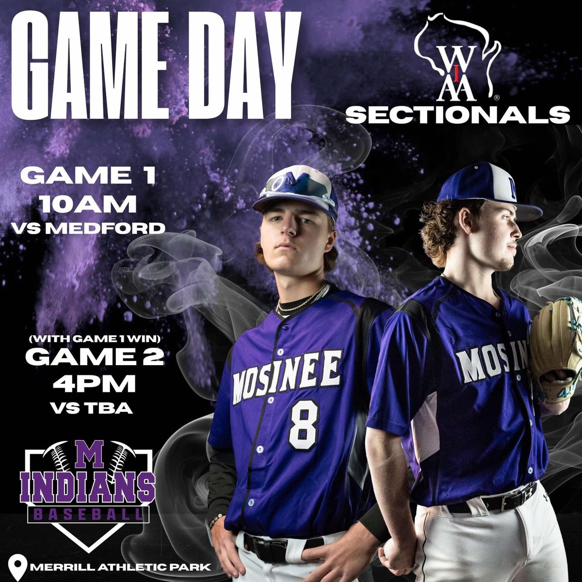 Tomorrow, we will head to Athletic Park in Merrill for <a href="/wiaawistate/">WIAA State Tournaments</a> sectionals! 

The Sectional Semi-Final game is set for 10:00am. We will face off against the Medford Red Raiders.

Purchase tickets ahead of time here: gofan.co/event/3638021?…, Admission at the field will be $7