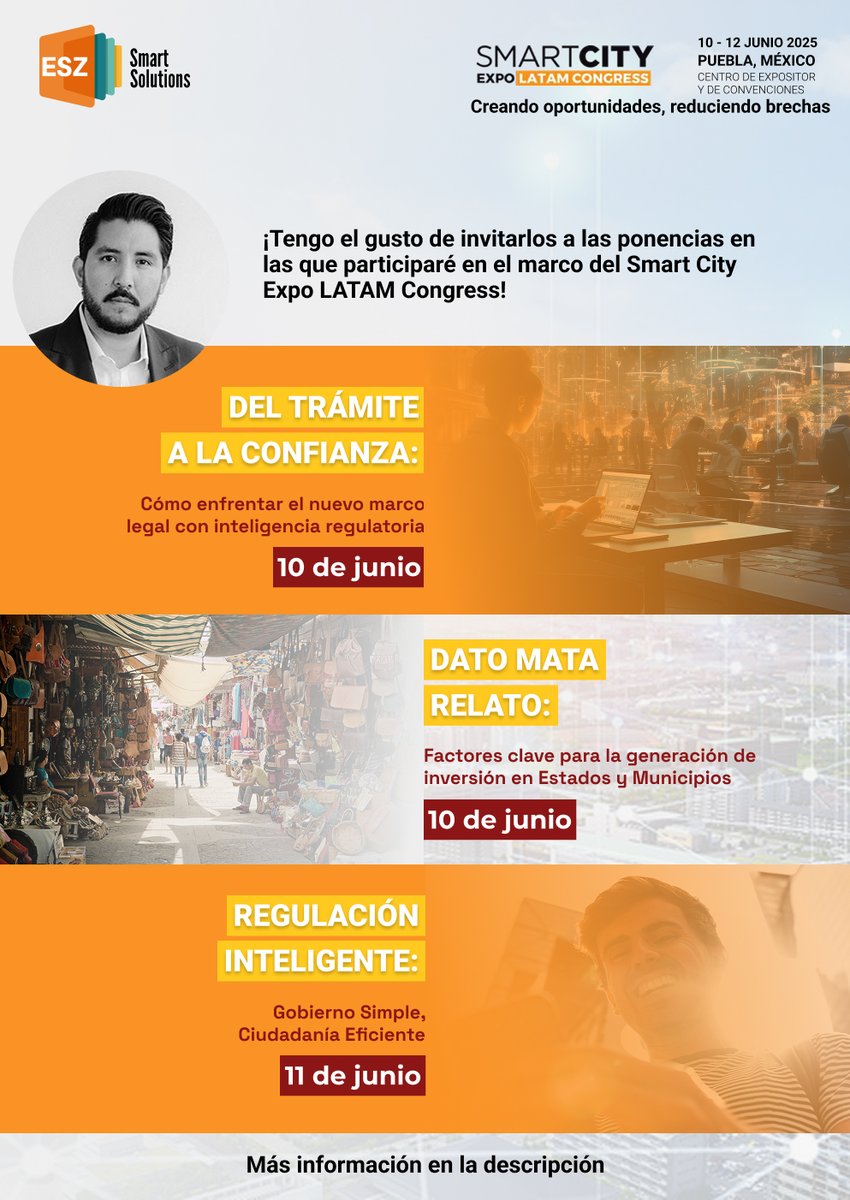 JuanJo Cabrera (@juanjoo_ca) on Twitter photo #SmartCity
#SmartGov
Tengo el gusto de invitarlos a las ponencias en las que participaré en el marco del <a href="/SmartCityLATAM/">Smart City Expo LATAM Congress</a> 2025.
Estaré compartiendo reflexiones y experiencias sobre cómo la inteligencia regulatoria, el uso estratégico de datos y la innovación #GovTech pueden #SmartCity
#SmartGov
Tengo el gusto de invitarlos a las ponencias en las que participaré en el marco del <a href="/SmartCityLATAM/">Smart City Expo LATAM Congress</a> 2025.
Estaré compartiendo reflexiones y experiencias sobre cómo la inteligencia regulatoria, el uso estratégico de datos y la innovación #GovTech pueden
