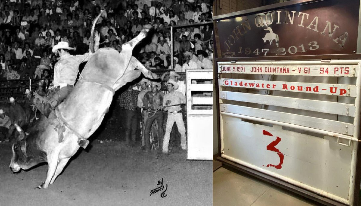 It's June 9th - 54th anniversary of "The Ride Heard 'Round the World"
in 1971 John Quintana scored 94 points on V-61 of Minick's, a record score at the time, making Bull Riding history that's still celebrated today
The chute gate from Gladewater is a featured exhibit in The Hall.