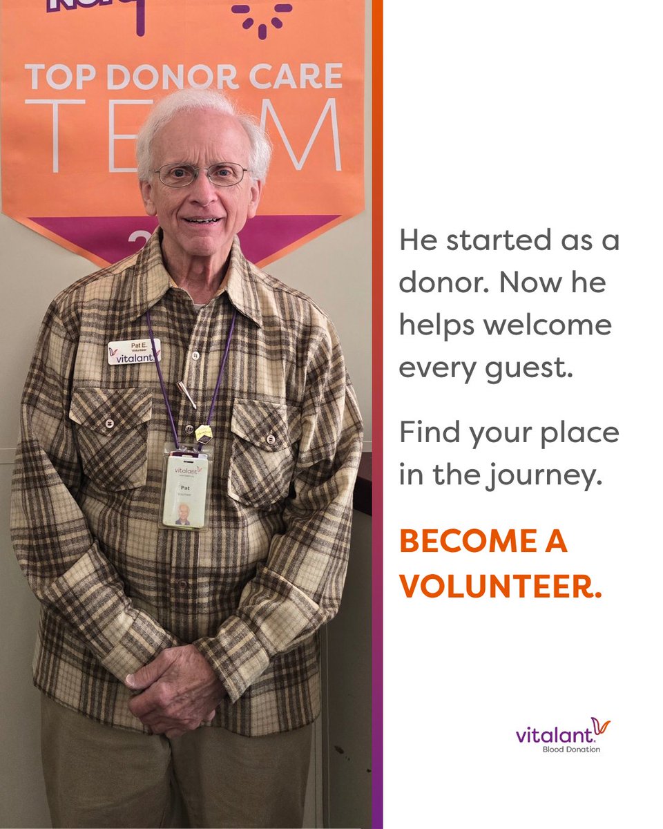 “My hours increased, and my happiness increased, too.”

Pat went from longtime donor to twice-weekly volunteer, lifting spirits, stocking snacks, and staying connected with a purpose.

Join him: vitalant.org/volunteer
Host a drive: vitalant.org/BloodDrive