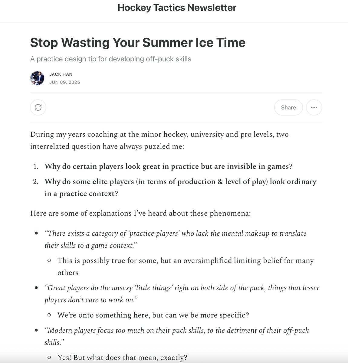 The newest post on the Hockey Tactics Newsletter will be of interest to skills coaches, parents &amp; players who want to get more done this off-season.