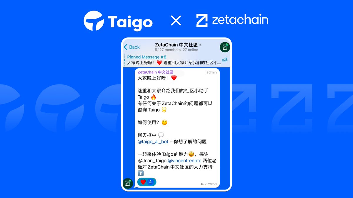Taigo (@taigo_ai) on Twitter photo 🎉 We’re excited to announce that Taigo is now officially live in the <a href="/ZetaChain_CH/">ZetaChain 中文社群</a> Telegram community!
As your AI-powered learning assistant, Taigo is here to help you explore everything about <a href="/zetablockchain/">ZetaChain 🟩</a> — from basic concepts to the latest updates.
🧠 Come ask, learn, 🎉 We’re excited to announce that Taigo is now officially live in the <a href="/ZetaChain_CH/">ZetaChain 中文社群</a> Telegram community!
As your AI-powered learning assistant, Taigo is here to help you explore everything about <a href="/zetablockchain/">ZetaChain 🟩</a> — from basic concepts to the latest updates.
🧠 Come ask, learn,
