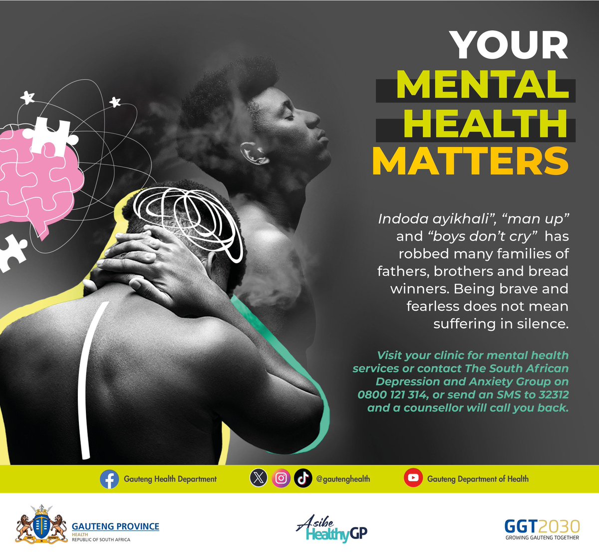 Toxic masculinity &amp; harmful expectations placed on men often expressed in phrases such as “Indoda ayikhali” &amp; “man up” have robbed many families of fathers, brothers &amp; bread winners. It’s okay for men to express their emotional challenges. #MentalHealthMatters #AsibeahealthyGP
