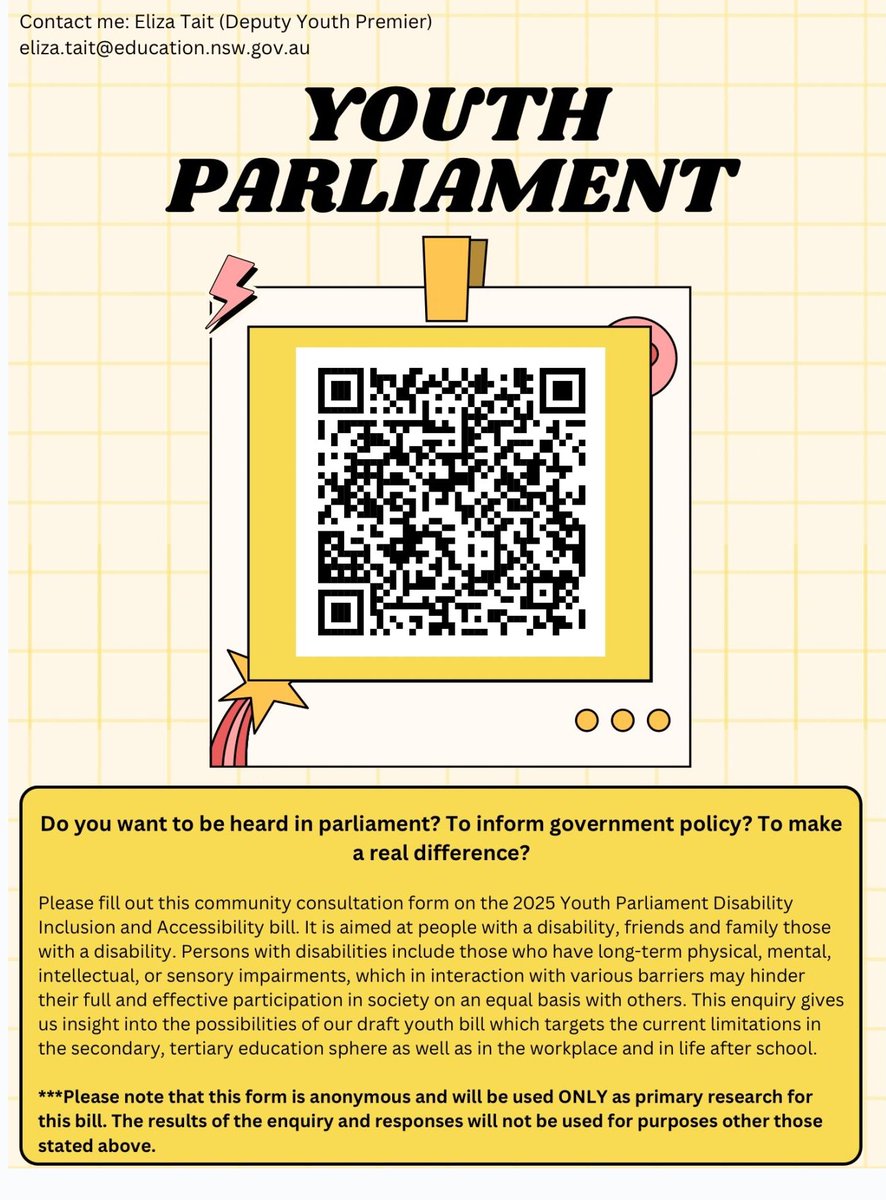 Aspect (Autism Spectrum Australia) (@aspectaus) on Twitter photo Our friends at the 2025 NSW #YouthParliament are running a youth-led community consultation to inform a bill on disability inclusion and accessibility. Your input can help shape real change. #DisabilityInclusion #EducationMatters #YouthVoice #NSWPolicy forms.gle/Q73XN9tfMuPm2k… Our friends at the 2025 NSW #YouthParliament are running a youth-led community consultation to inform a bill on disability inclusion and accessibility. Your input can help shape real change. #DisabilityInclusion #EducationMatters #YouthVoice #NSWPolicy forms.gle/Q73XN9tfMuPm2k…