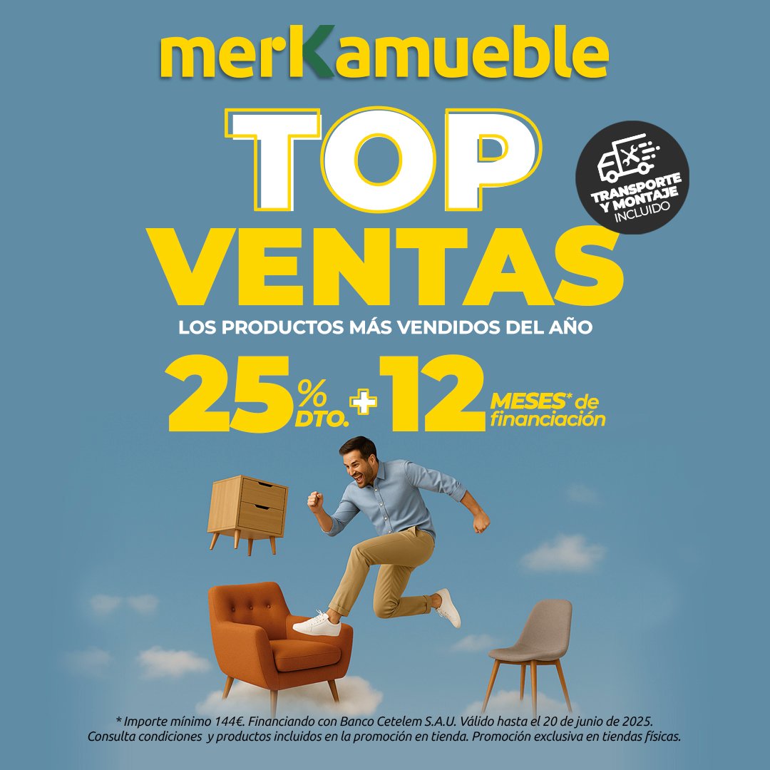 🏆 ¡TOP VENTAS DE MERKAMUEBLE! 🛋️✨
✅ 25% de descuento
✅ 12 meses de financiación
✅ Transporte y montaje gratis
📅 Promoción válida hasta el 20 de junio de 2025
 📍 Exclusiva en tiendas físicas. Consulta condiciones
merkamueble.com/tiendas