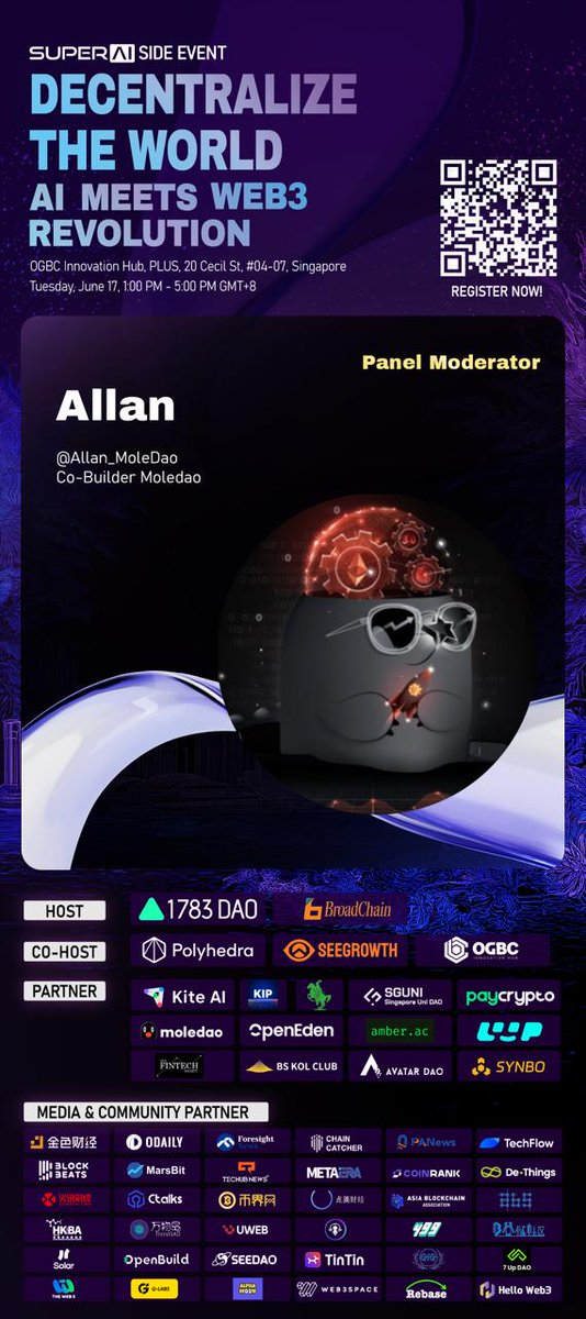 🚀 Excited to be a partner of "Decentralize the World: AI Meets Web3 Revolution" a SuperAI (<a href="/superai_conf/">SuperAI</a>) Side Event!

📅 June 17 | 1-5 PM 
📍 OGBC Innovation Hub, Singapore

Join 14+ elite speakers from Harvard, Berkeley, NUS &amp; more exploring:
• AI Agents in Web3 
•