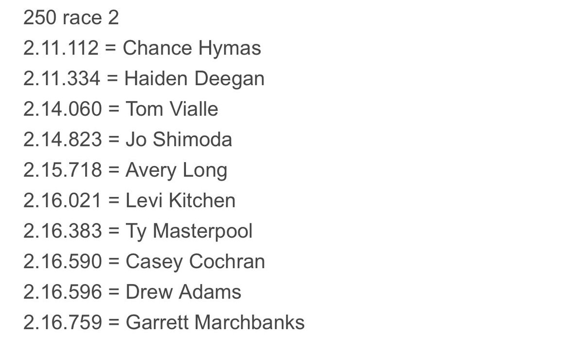 I’m a big believer and thought these rides are possible as he builds, but watching Avery Long pass established guys and pull away gave me goosebumps. Seeing the fastest lap times ranked stamps it even further. Very proud of A Train. 

Stats from kaidodragon on <a href="/VitalMX/">Vital MX</a>