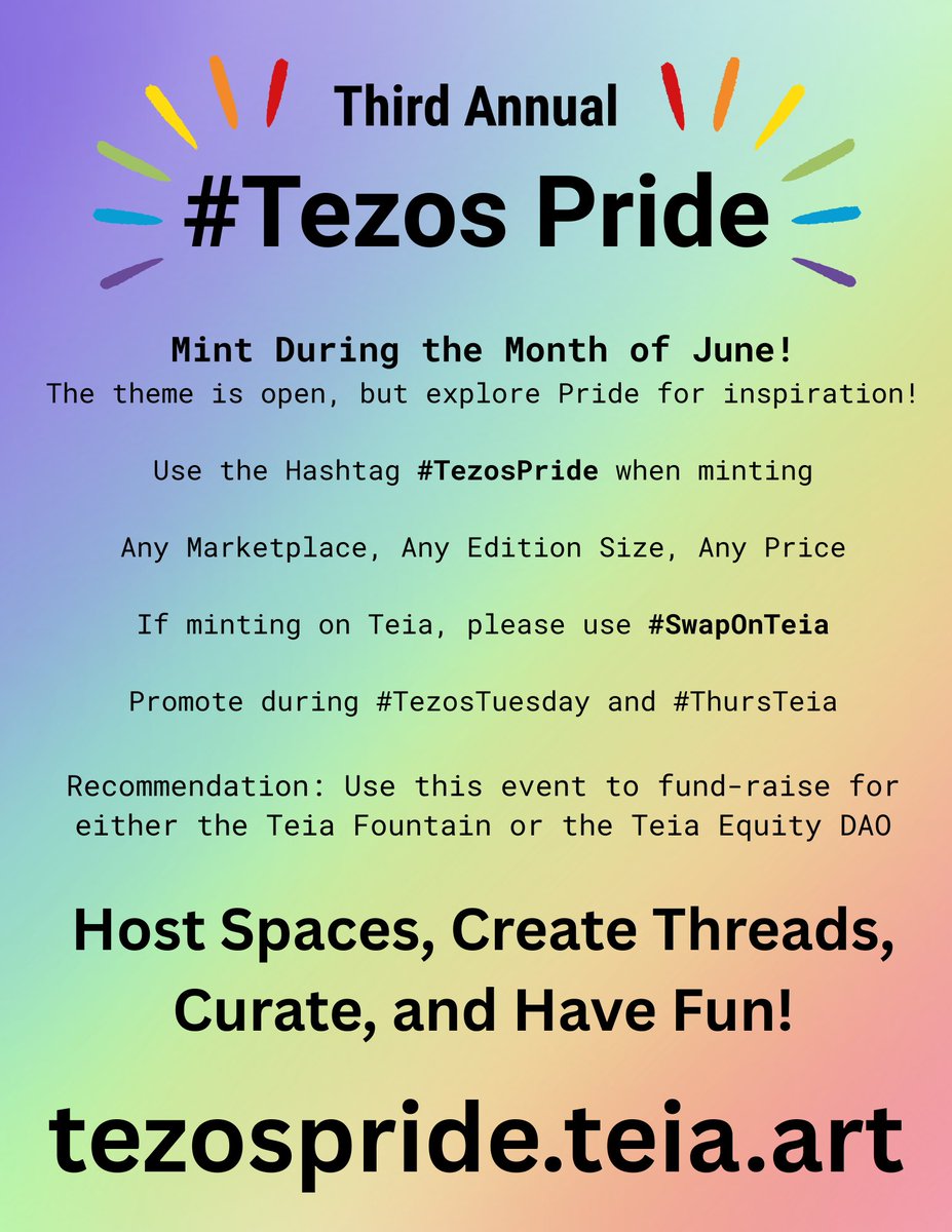 Malicious Sheep (@malsheep56) on Twitter photo The third annual #TezosPride minting event has begun! ππ
Mint during the month of June! 
Let's celebrate and support our fellow community members and create beautiful work! β¨οΈ
If minting on Teia, use #SwapOnTeia 
#TEZOSTUESDAY #ThursTeia The third annual #TezosPride minting event has begun! ππ
Mint during the month of June! 
Let's celebrate and support our fellow community members and create beautiful work! β¨οΈ
If minting on Teia, use #SwapOnTeia 
#TEZOSTUESDAY #ThursTeia