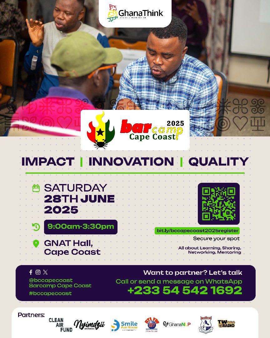 It’s all about <a href="/BcCapeCoast/">#Barcamp #CapeCoast</a> 
We say thank you to our partners, <a href="/CleanAirFund/">Clean Air Fund</a> <a href="/_smilefunhouse/">Smile Fun House</a> <a href="/GhanaNLP/">Ghana Natural Language Processing (NLP)</a> <a href="/ATLFM1005/">ATL FM 100.5</a> @nyimdziimultimedia @CCTU &amp; <a href="/twradio889/">TW Radio 88.9</a> 
You can also join the winning team by contacting 0545421692.
Register to attend here
bit.ly/bccapecoast202…
#bccapecoast