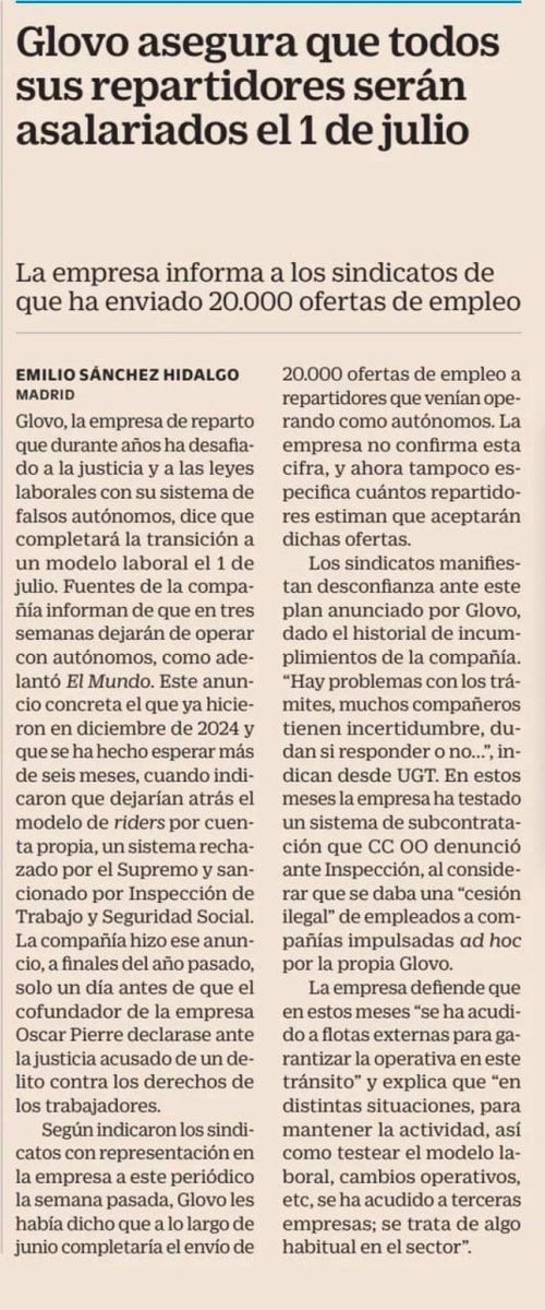 📃 <a href="/Glovo_ES/">Glovo</a>  asegura que todos sus repartidores serán asalariados desde el 1 de julio

La empresa no especifica cuántos ‘riders’ compondrán la plantilla, pero informa a los sindicatos de que en total ha enviado 20.000 ofertas de empleo. 

Glovo, la empresa de reparto que durante