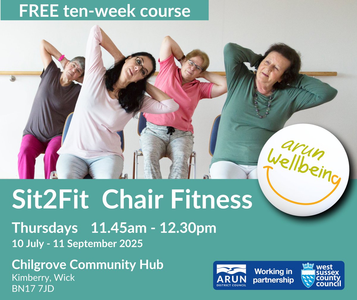 Our FREE 10-week Sit2Fit class is back!

Sit2Fit Chair Fitness
Thursdays 11.45am-12.30pm
Chilgrove Community Hub 

Starts 10 July for 10 weeks.

Please fill out our referral form and we'll call you to go through a medical questionnaire:
arun.westsussexwellbeing.org.uk/contact-us