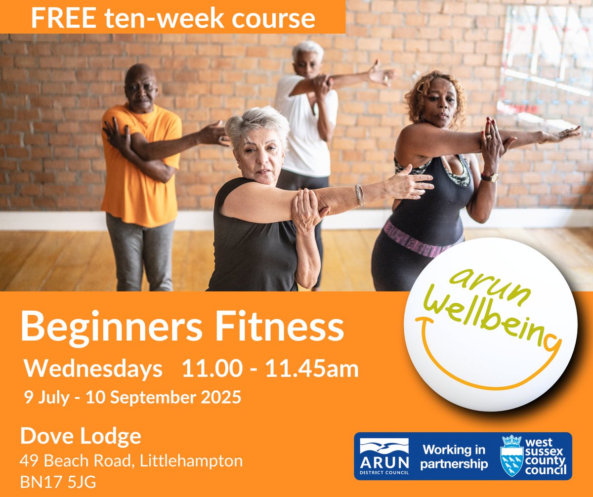 FREE 10-week  Beginners Fitness class starts on 9 July.

Beginners Fitness
Wednesdays 11.00-11.45am
Dove Lodge, Littlehampton

Booking is essential as we need to complete a medical questionnaire with you before confirming your space.

arun.westsussexwellbeing.org.uk/contact-us

Or call 01903 737862