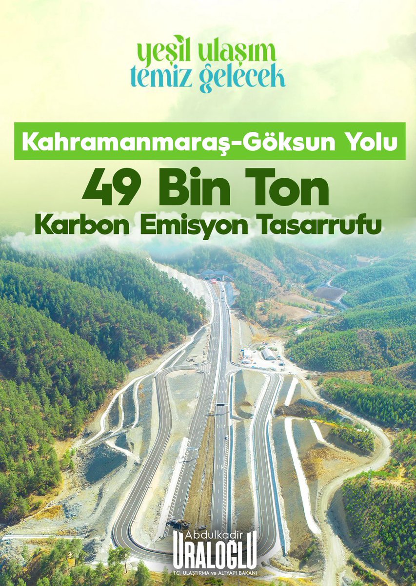 Yeşil Ulaşım, Temiz Gelecek 🌍

Kahramanmaraş - Göksun Yolu ile;

♻️ 49 bin ton karbon emisyon tasarrufu sağladık. 

“Ulaşımda Yeşil Dönüşüm” ile
#TürkiyeHızlanıyor 🇹🇷