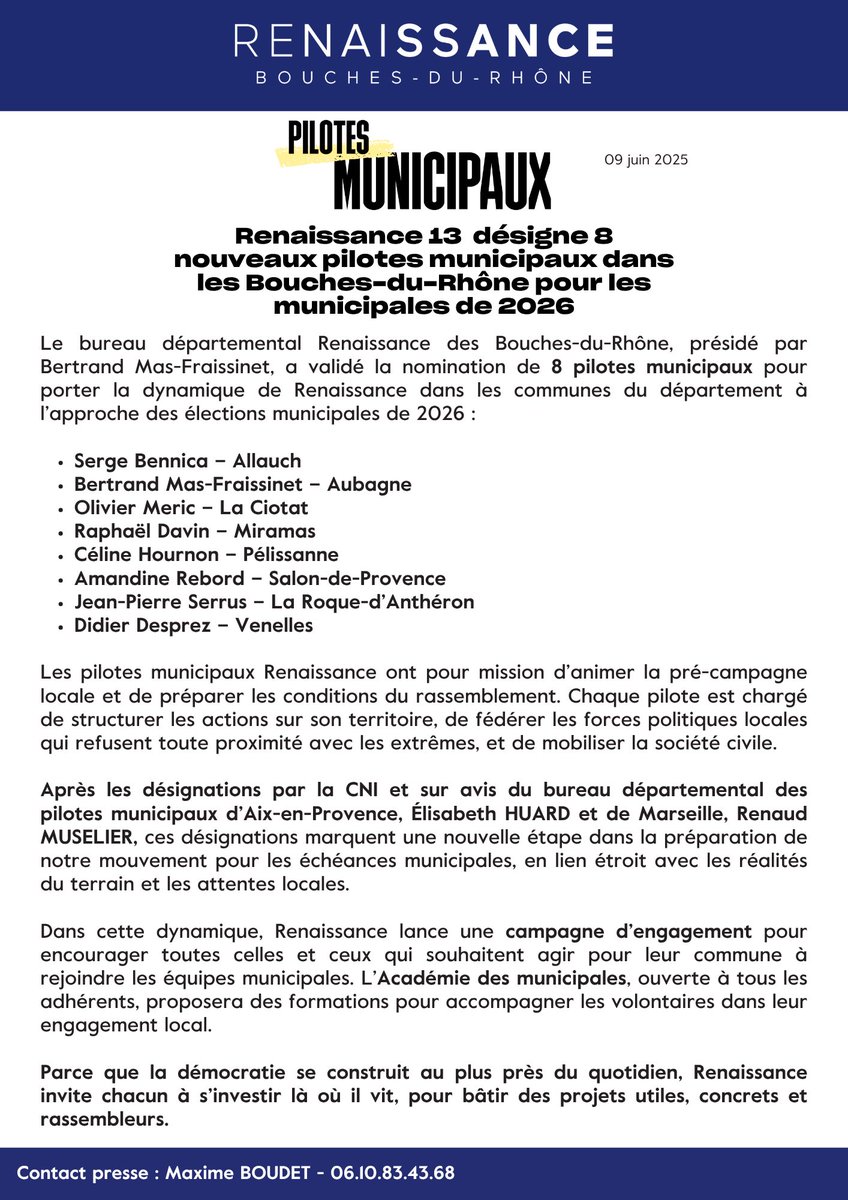 Renaissance__13's tweet image. 🚀 @Renaissance 13 lance la dynamique pour les #Municipales2026 !
Après les nominations par la CNI, sur avis du bureau, d’@ElisabethHuard pour Aix-en-Provence et de @RenaudMuselier pour Marseille, 8 nouveaux pilotes sont désignés.
✅ L’avenir local se prépare dès aujourd’hui.