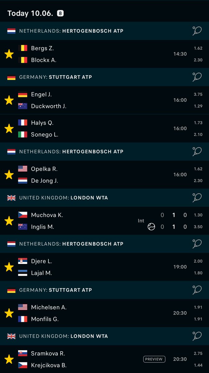 amanstarted's tweet image. Tennis Bets for 10th June 2025 

ATP Hertogenbosch 🇳🇱
(2U) Bergs Z to Win @ 1.62 odds 
(2U) De Jong J. to Win @ 2.30 odds 
(2U) Djere L. to Win @ 2.00 odds 

ATP Stuttgart 🇩🇪
(2U) Engel J. to Win a Set @ 1.86 odds 
(2U) Halys Q. to Win @ 1.73 odds 
(2U) Monfils G. to Win @ 1.91…