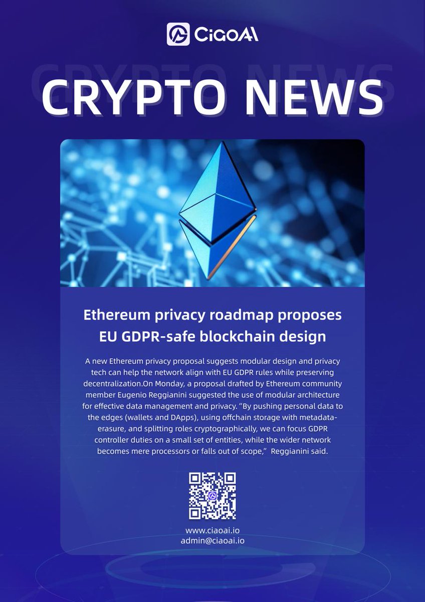 🚀 Ethereum privacy roadmap proposes EU GDPR-safe blockchain design.

#CiaoAI #Blockchain #Ethereum #Europe #GDPR