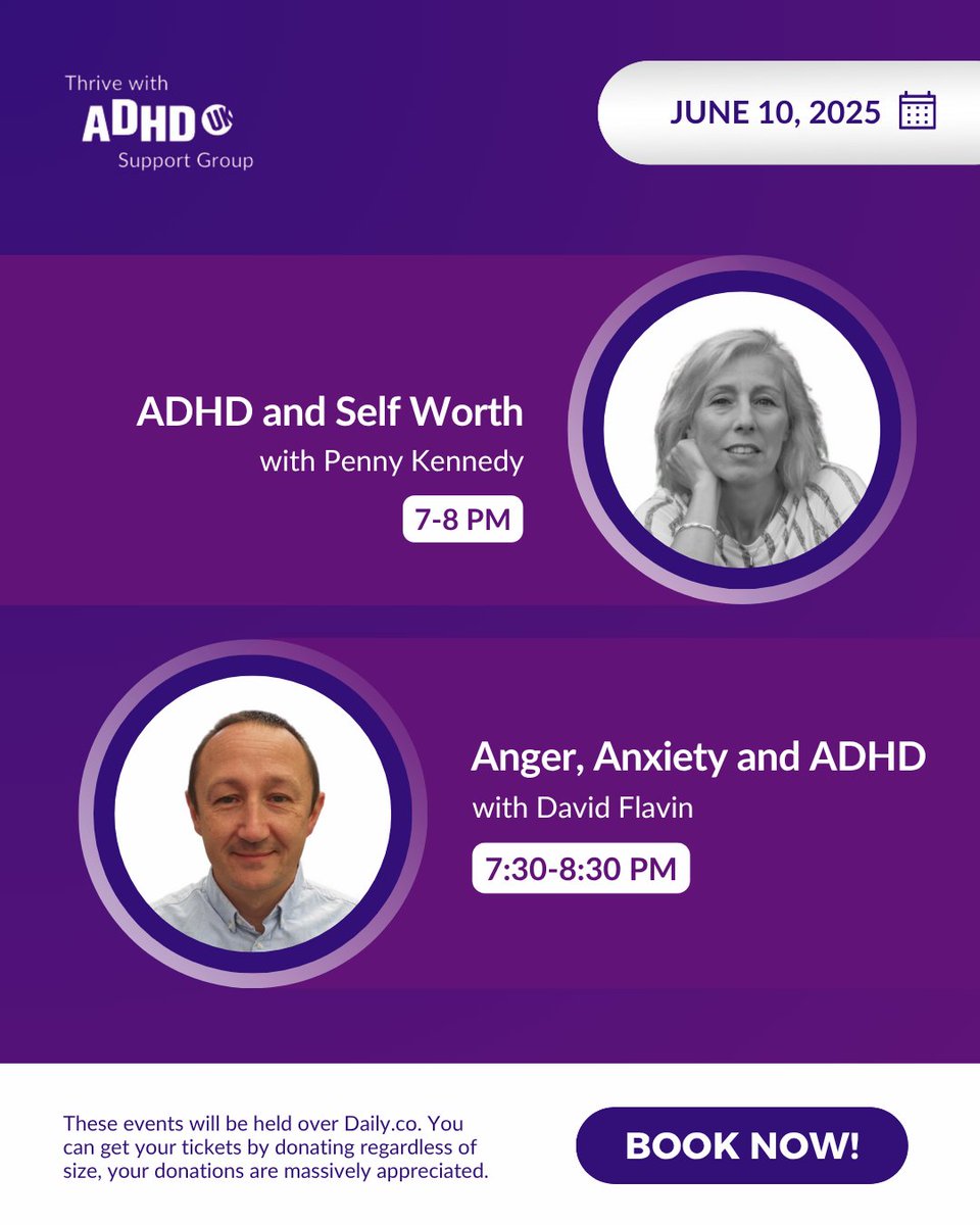 Join us tonight for these exciting ADHD UK events.  

You can get your tickets by donating regardless of size (even £1, but the suggested donation is £5). We appreciate all your support.

Book your tickets here: events.adhduk.co.uk

Thrive with #ADHDUK