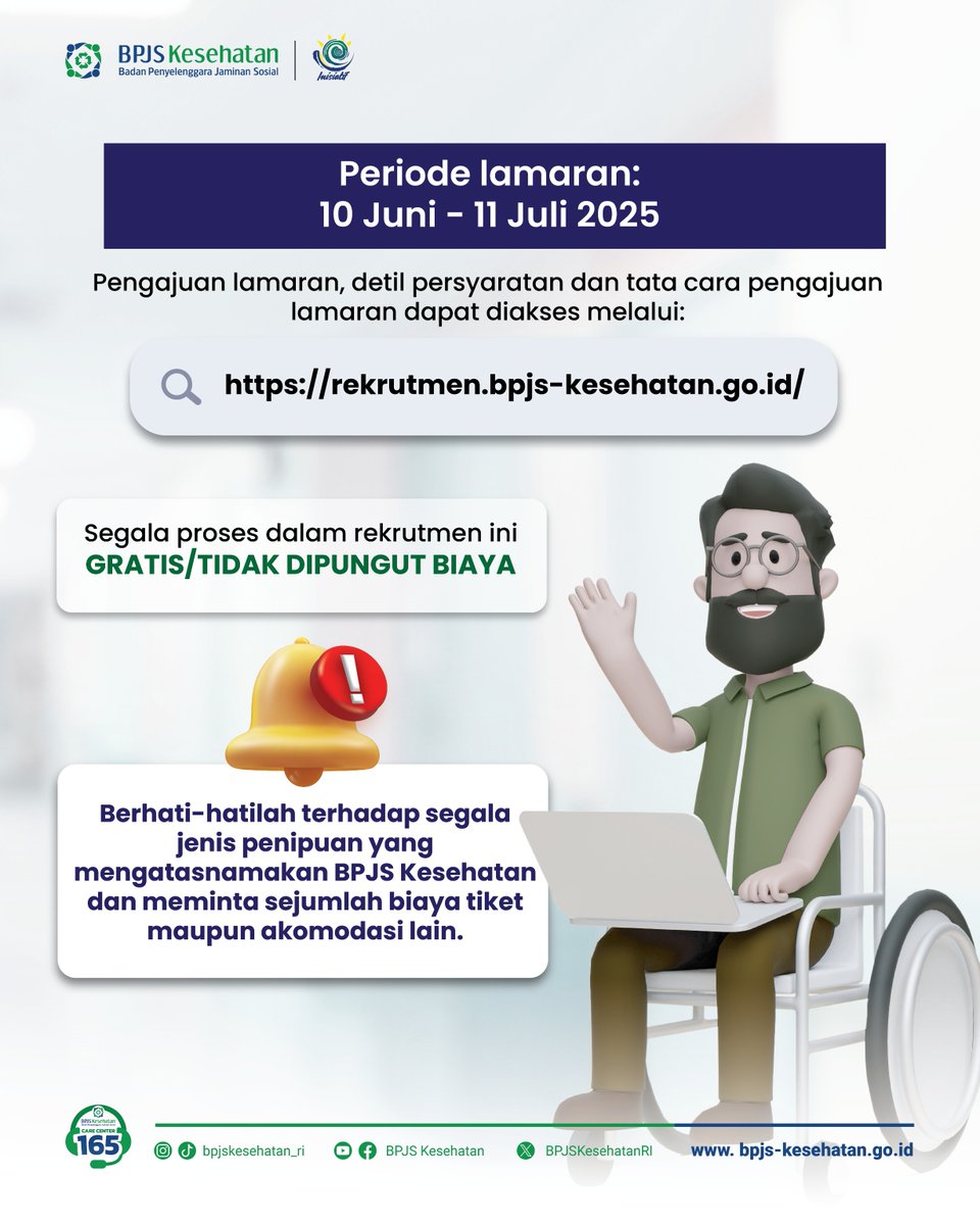 BPJS Kesehatan membuka rekrutmen Pegawai Administrasi Tidak Tetap (PATT) khusus bagi penyandang disabilitas. 

Untuk informasi lengkap, silahkan klik link ini:

rekrutmen.bpjs-kesehatan.go.id

Segala proses dalam rekrutmen ini GRATIS/TIDAK DIPUNGUT BIAYA APAPUN.