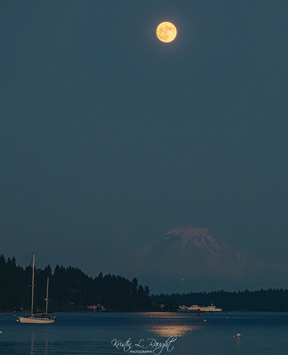 Moon over Tahoma tonight. I was happy to get the ferry boat in the shot but wish I had set the ISO a little higher. Idk, I didn't want to blow out the moon - such decisions, lol.