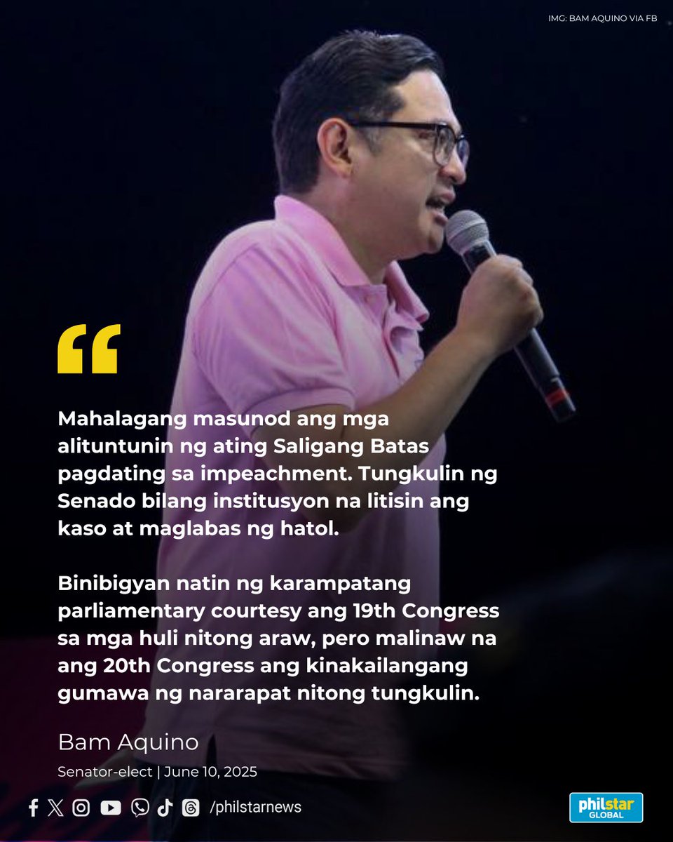 BAM AQUINO SPEAKS UP ON VP IMPEACHMENT TRIAL

Senator-elect Bam Aquino on Tuesday spoke up on the impeachment trial of Vice President Sara Duterte, saying he is extending due parliamentary courtesy to the 19th Congress in its final days but stressed that the incoming 20th