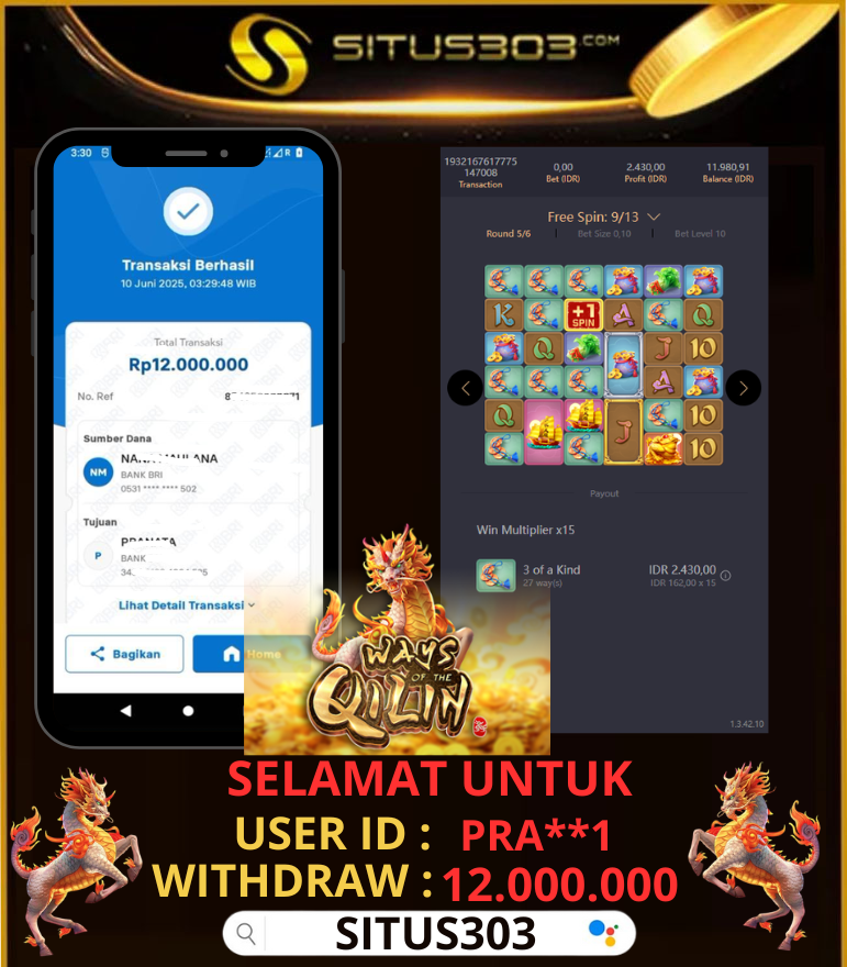 303situs's tweet photo. SELAMAT UNTUK MEMBER SITUS303 
USER ID PRA**1
SUDAH WD 12JT
DI GAME Ways Of The Qilin
#situs303 #slotgacorterbaru #buktijackpot #buktikemenagan https://t.co/dkedn24Leu