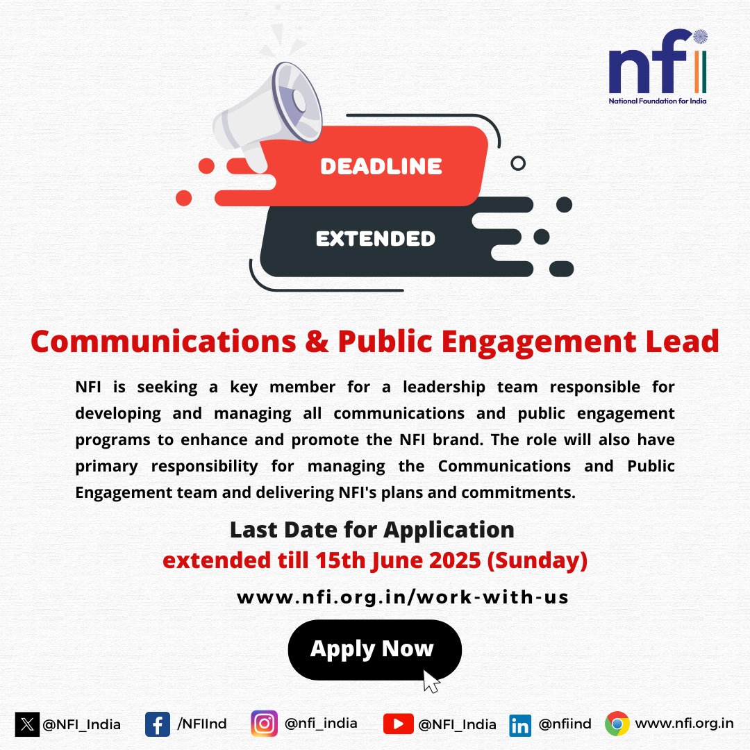 📢 Deadline Extended!

We extended the application deadline for Communications and Public Engagement Lead

If you haven’t applied yet, this is your chance to be part of a dynamic, purpose-driven team!

🗓️ New Deadline: 15th June,2025

Apply now: nfi.org.in/communications…