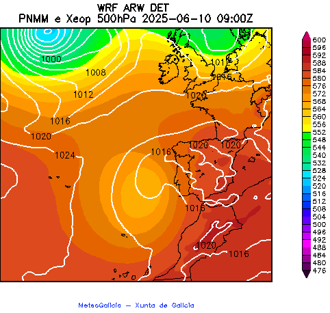 Como vemos na situación sinóptica, hai un embolsamento de aire frío ó oeste de  Portugal. Xenerará inestabiidade atmosférica, con treboadas⚡️ ó final do día e á noite, con chuvias localmente fortes, máis probables no oeste. 
Altas temperaturas🥵 xa baixando mañá mércores📉