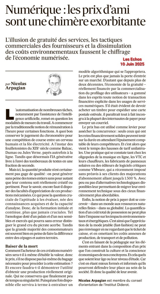 Economie numérique : les prix d'ami sont in fine une chimère exorbitante 
Ma chronique du jour dans <a href="/LesEchos/">Les Echos</a>
lesechos.fr/idees-debats/e…

<a href="/InstitutDiderot/">INSTITUT DIDEROT</a> #data #cyber