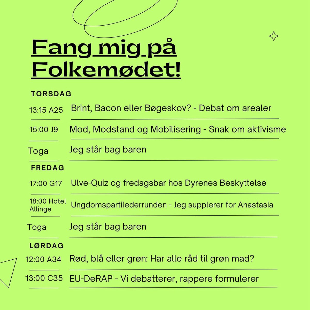 Mark__A__N's tweet image. 🌳 Her er min endelige Folkemøde kalender 🌱
Kom forbi og hør mig snakke om kolort, eller få skænket en øl på Toga:)
#dkpol #dkgreen